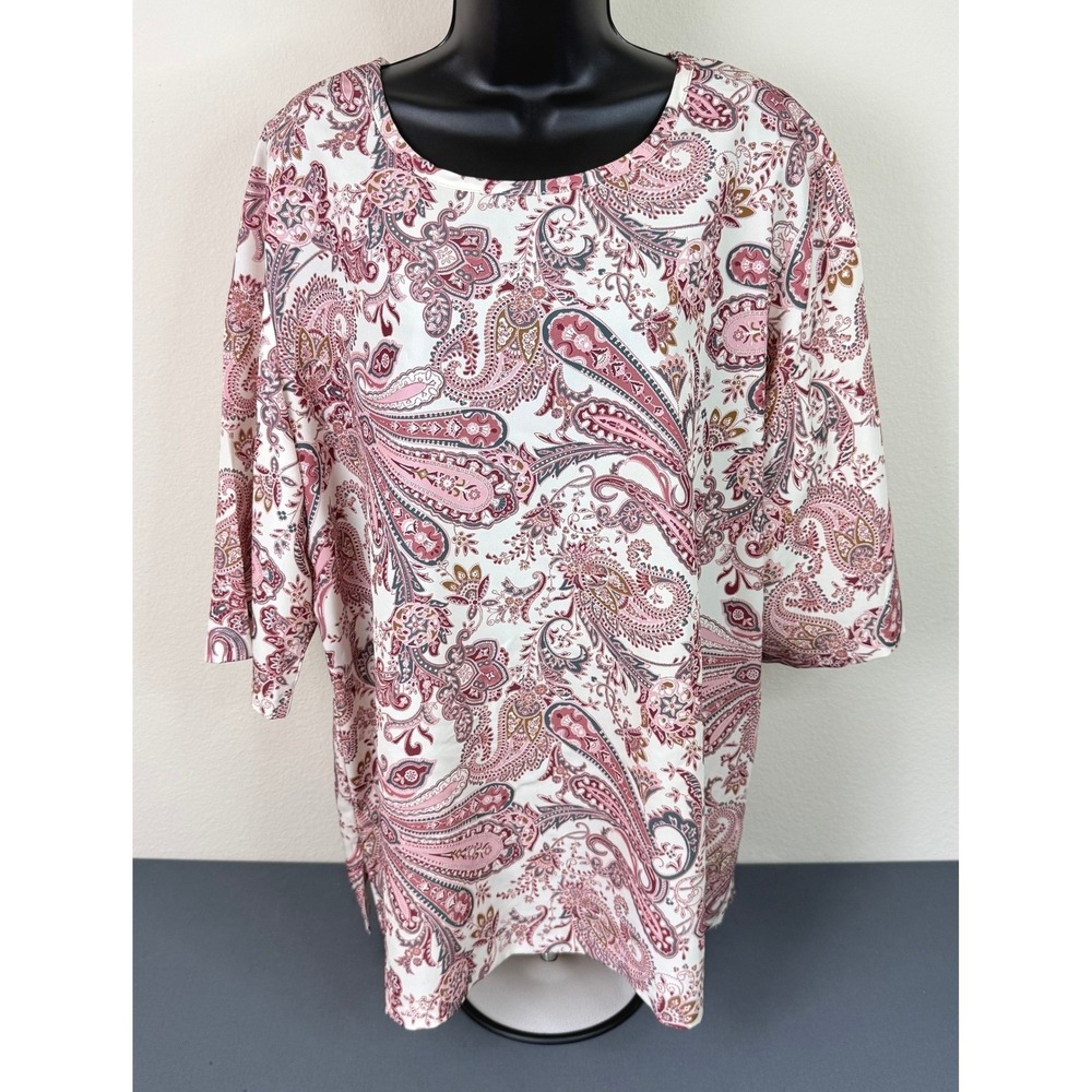 Shaker Sport Women's Paisley Print Short Sleeve Retro 90s Casual Top Pink 20W